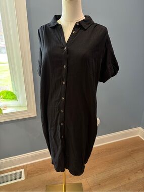 Well Worn Black Linen-Blend Shirt Dress Relaxed Button-Front Size M
